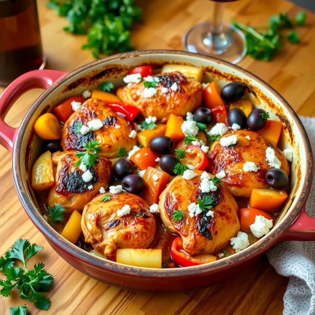 Mediterranean chicken casserole with bell peppers, olives, and feta cheese, garnished with parsley, on a kitchen table.